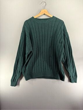 Vintage 90s J.Crew Oarsman Sweater Mens XL Green 100% Cotton Cable Knit